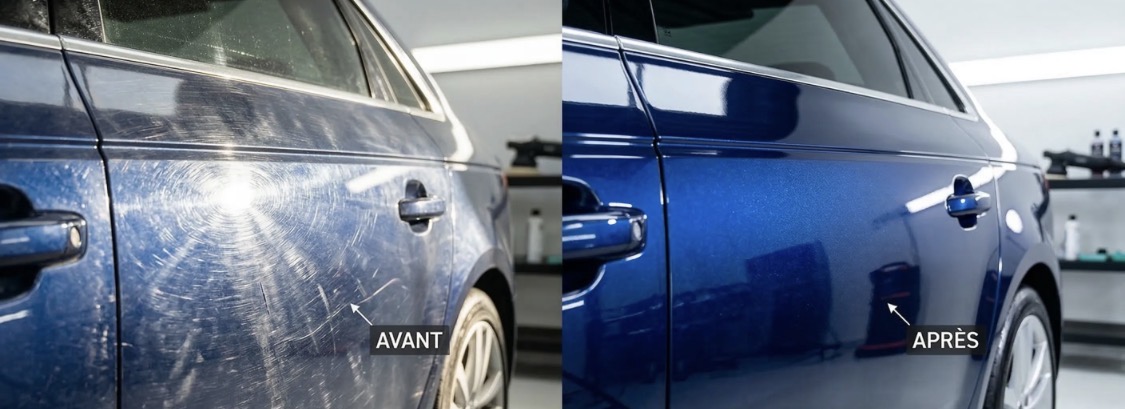Avant après lustrage d'une porte bleue avec micro-rayures corrigées